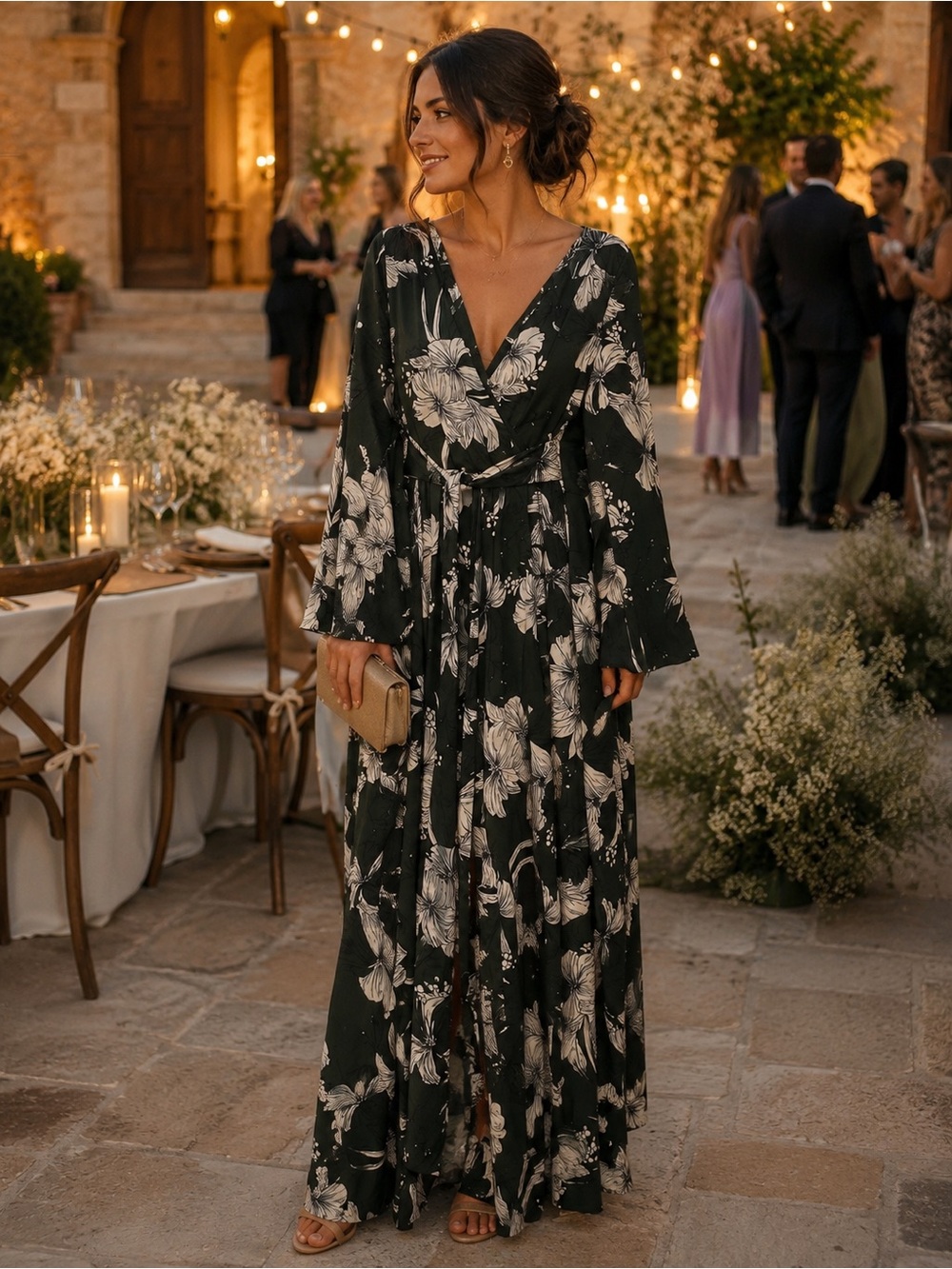 Olive Green Floral Wrap Maxi Dress with Tie Waist